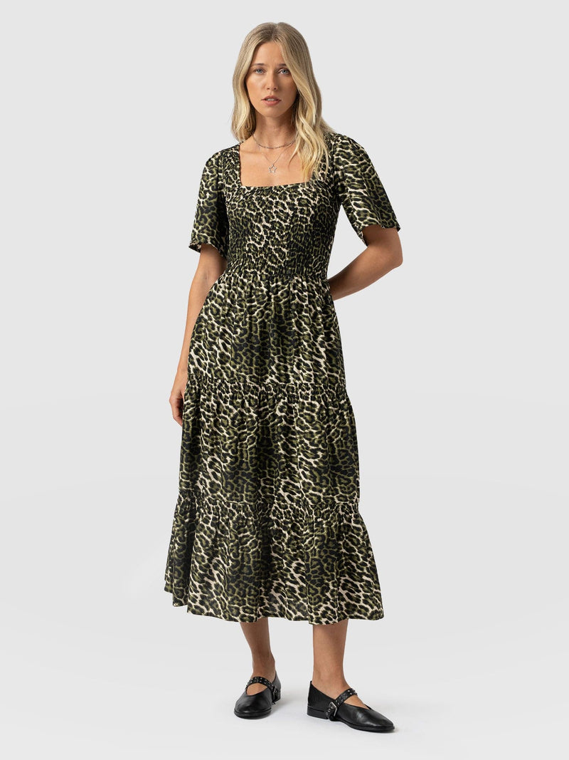Maya Shirring Short Sleeve Dress - Green Leopard - Women's Dresses | Saint + Sofia® UK