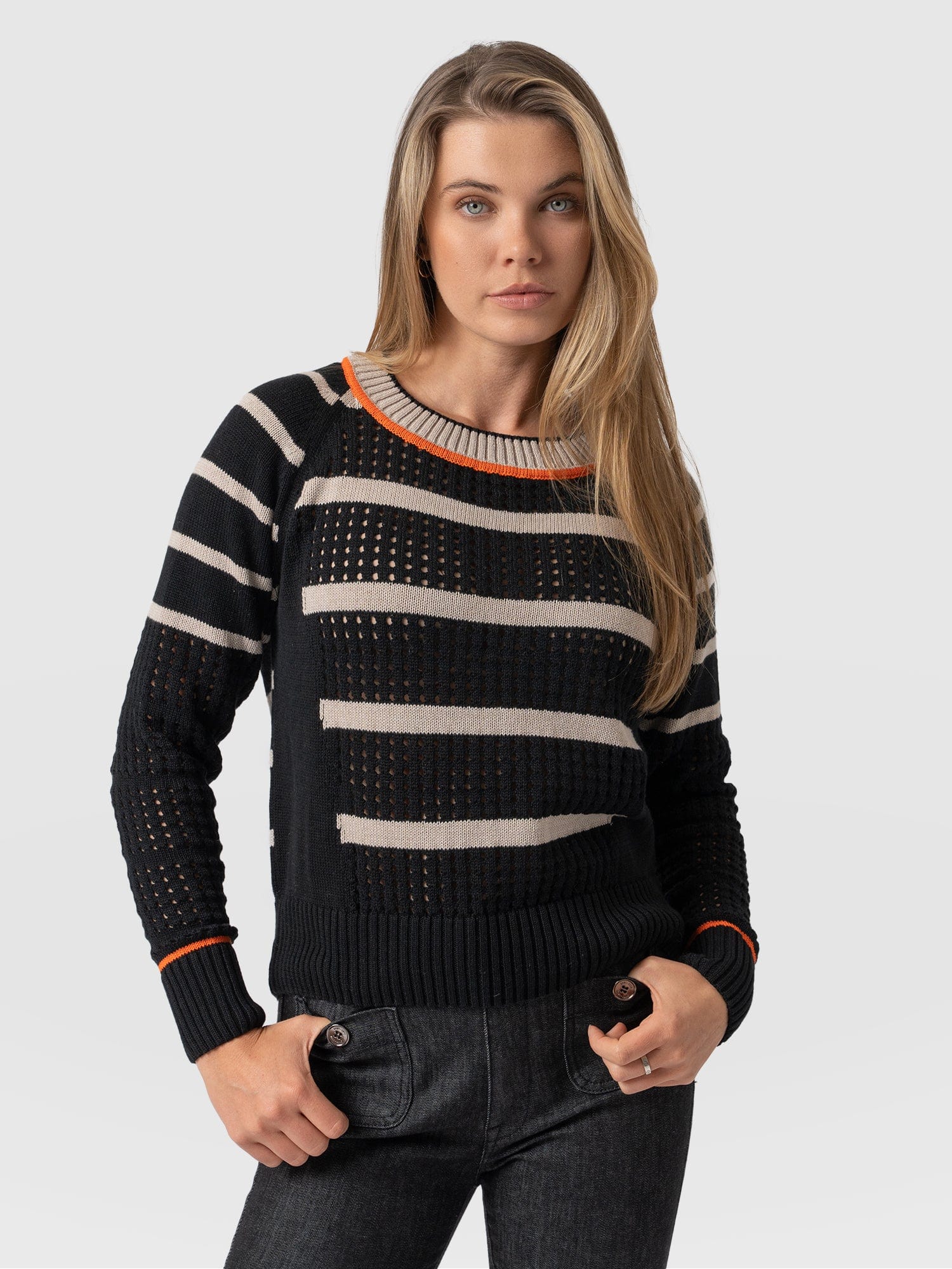 Merino Mix Cambridge Jumper - Black/Beige/Orange