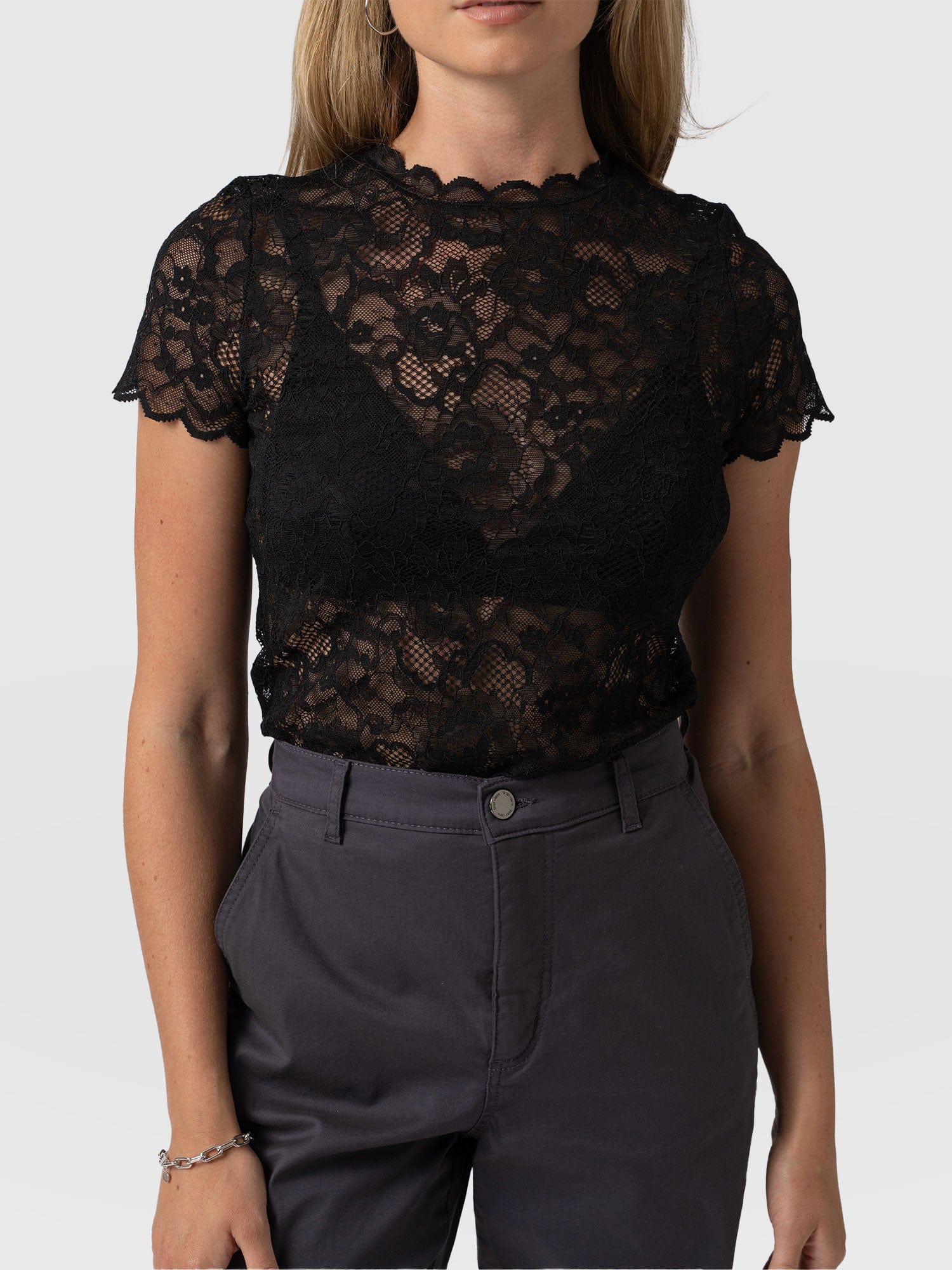 Miranda Lace Short Sleeve Tee Black - Women's T-shirts | Saint + Sofia® UK