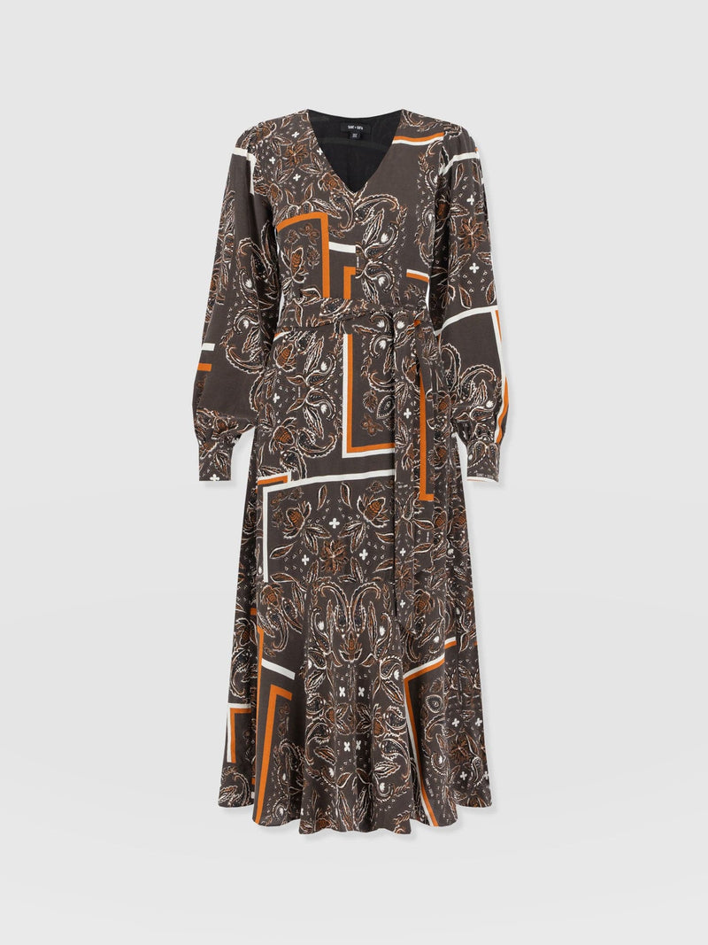 Naya V Neck Dress - Brown Paisley