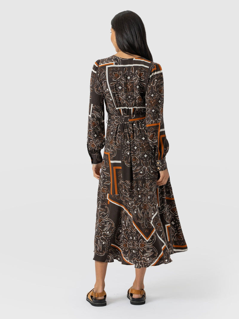 Naya V Neck Dress - Brown Paisley