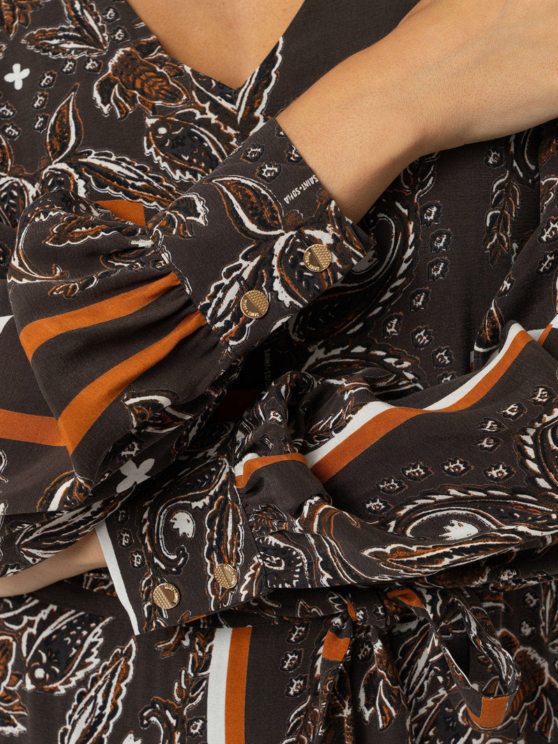Naya V Neck Dress - Brown Paisley