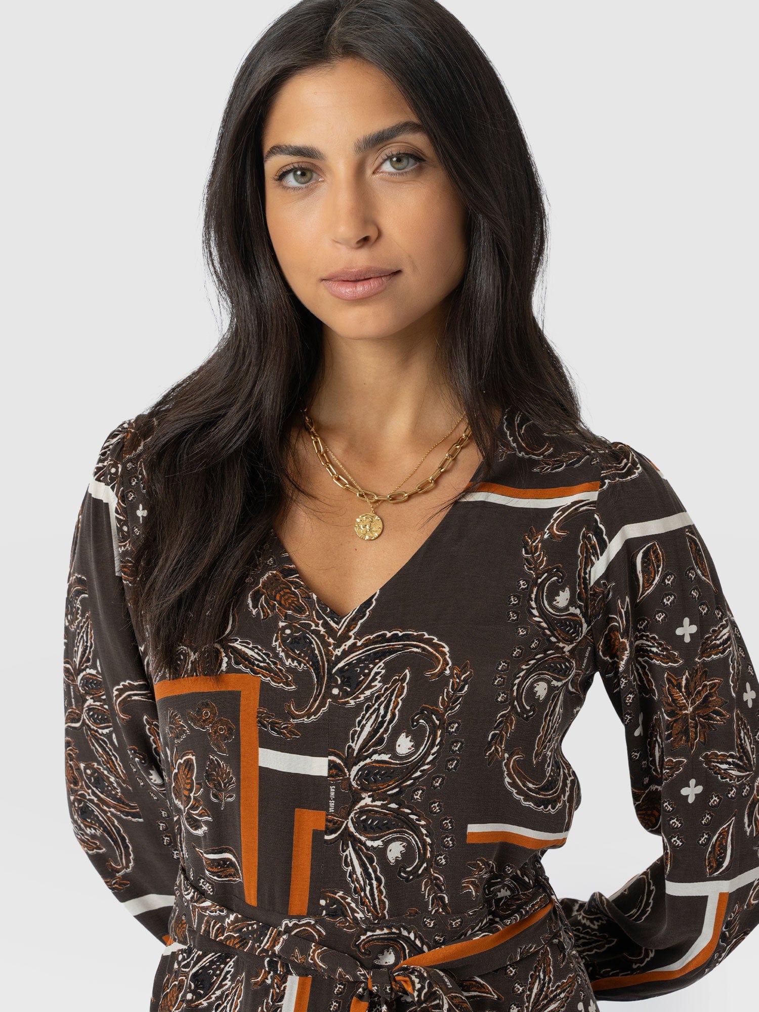 Naya V Neck Dress - Brown Paisley