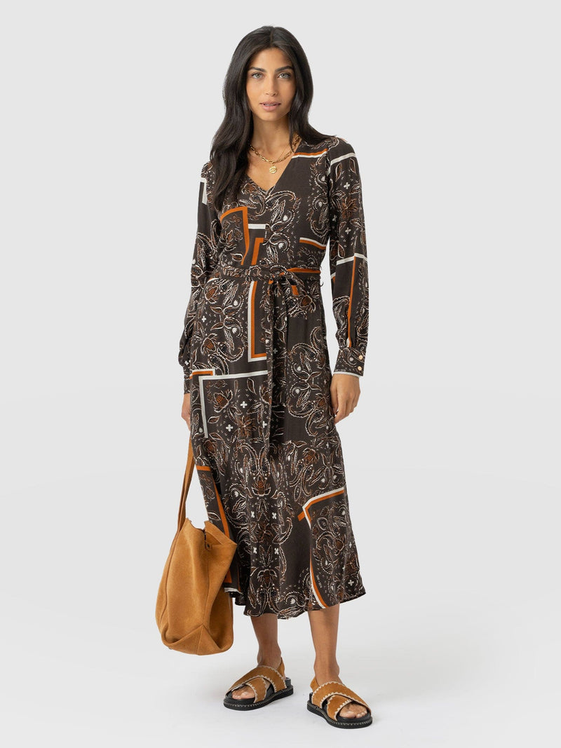Naya V Neck Dress - Brown Paisley