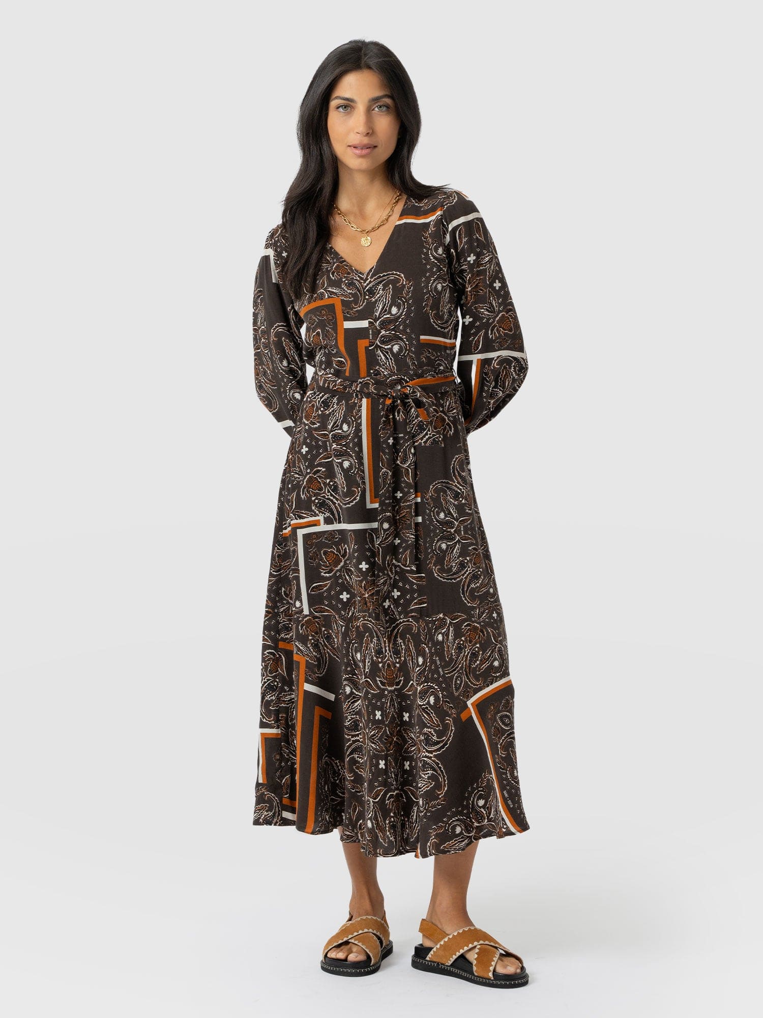 Naya V Neck Dress - Brown Paisley