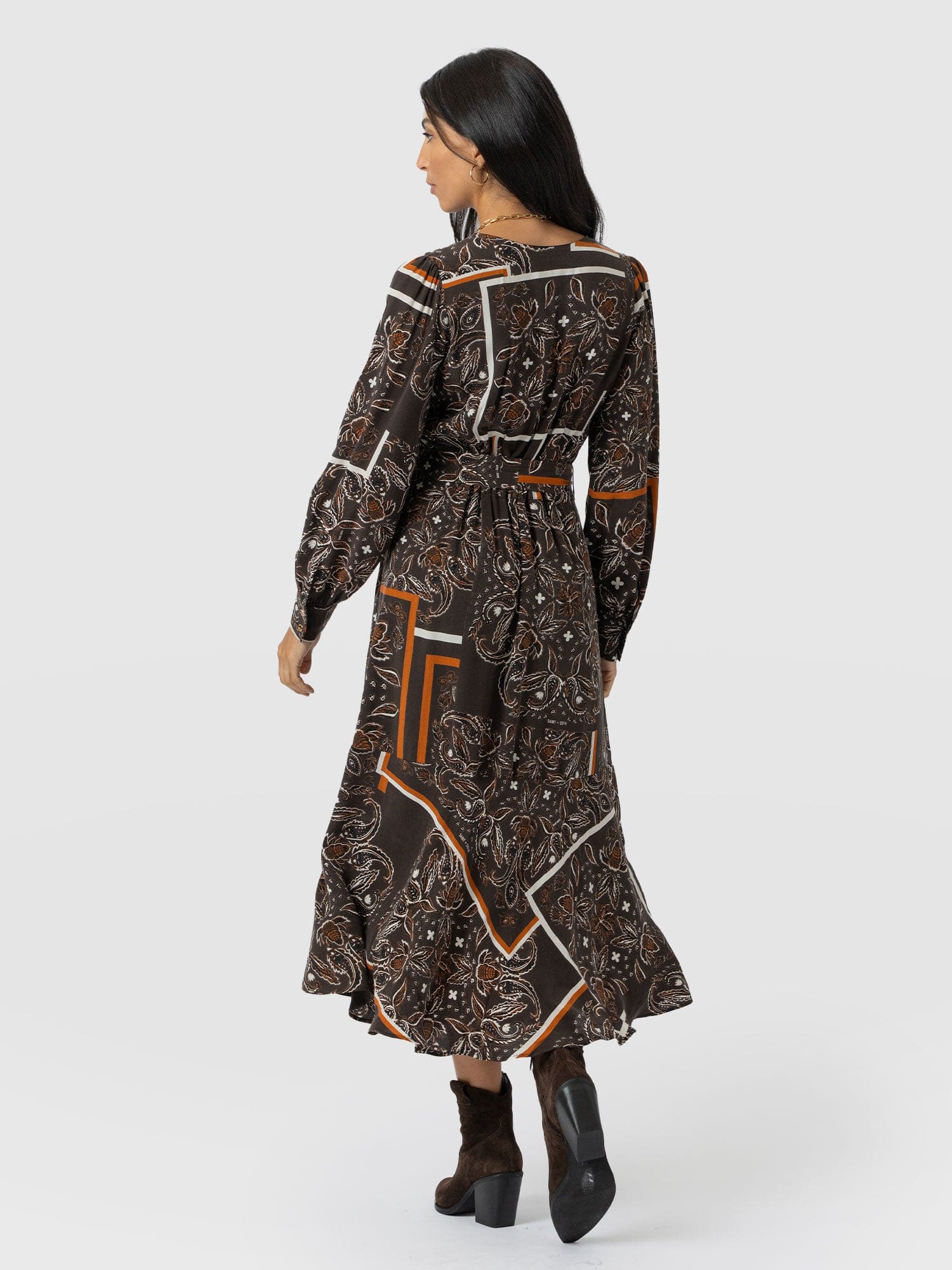 Naya V Neck Dress - Brown Paisley