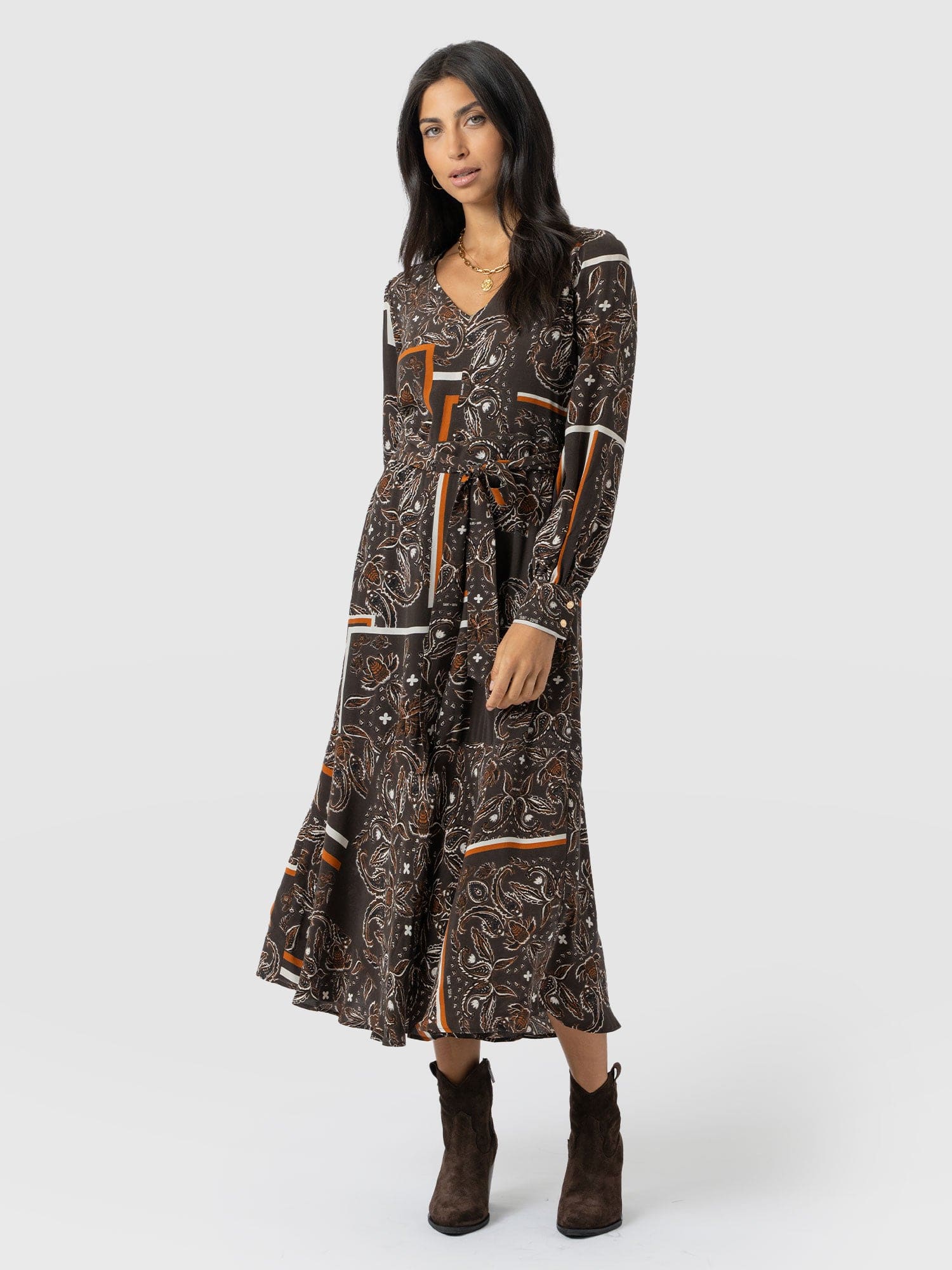 Naya V Neck Dress - Brown Paisley