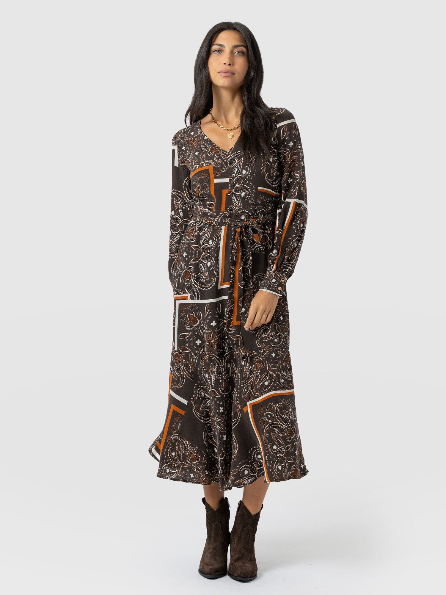 Naya V Neck Dress - Brown Paisley