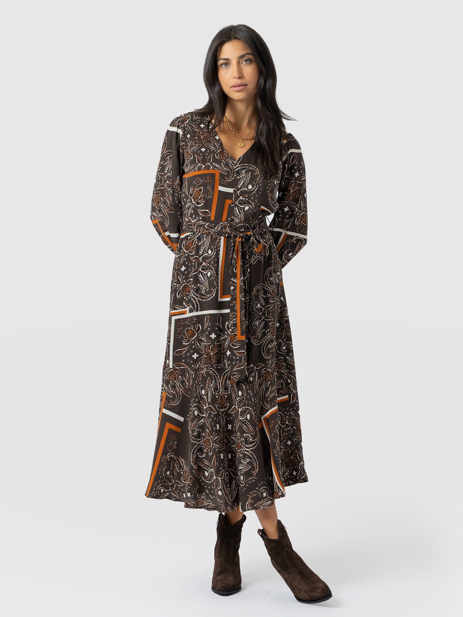 Naya V Neck Dress - Brown Paisley