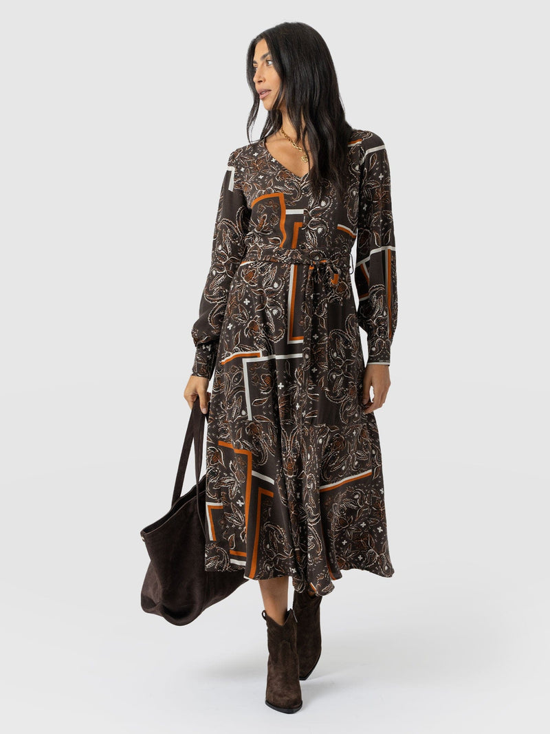 Naya V Neck Dress - Brown Paisley
