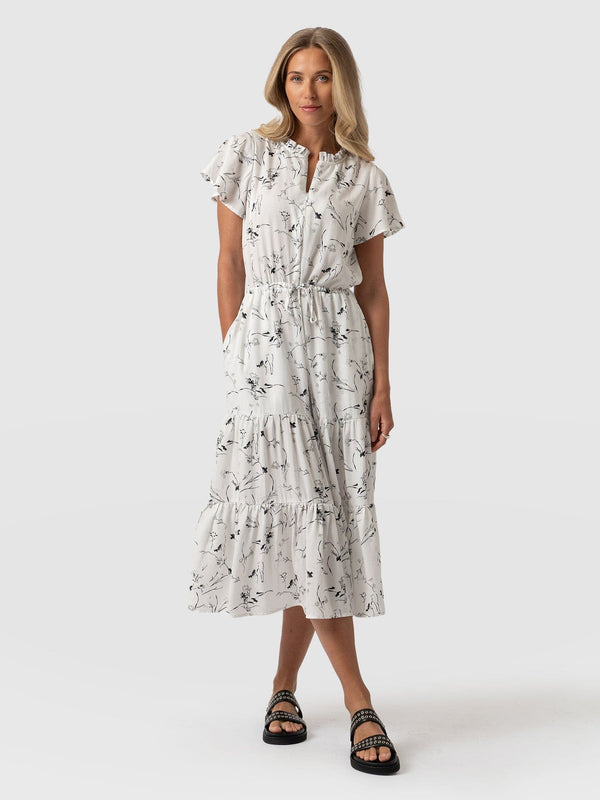 Olivia Flutter Sleeve Dress - White Floral