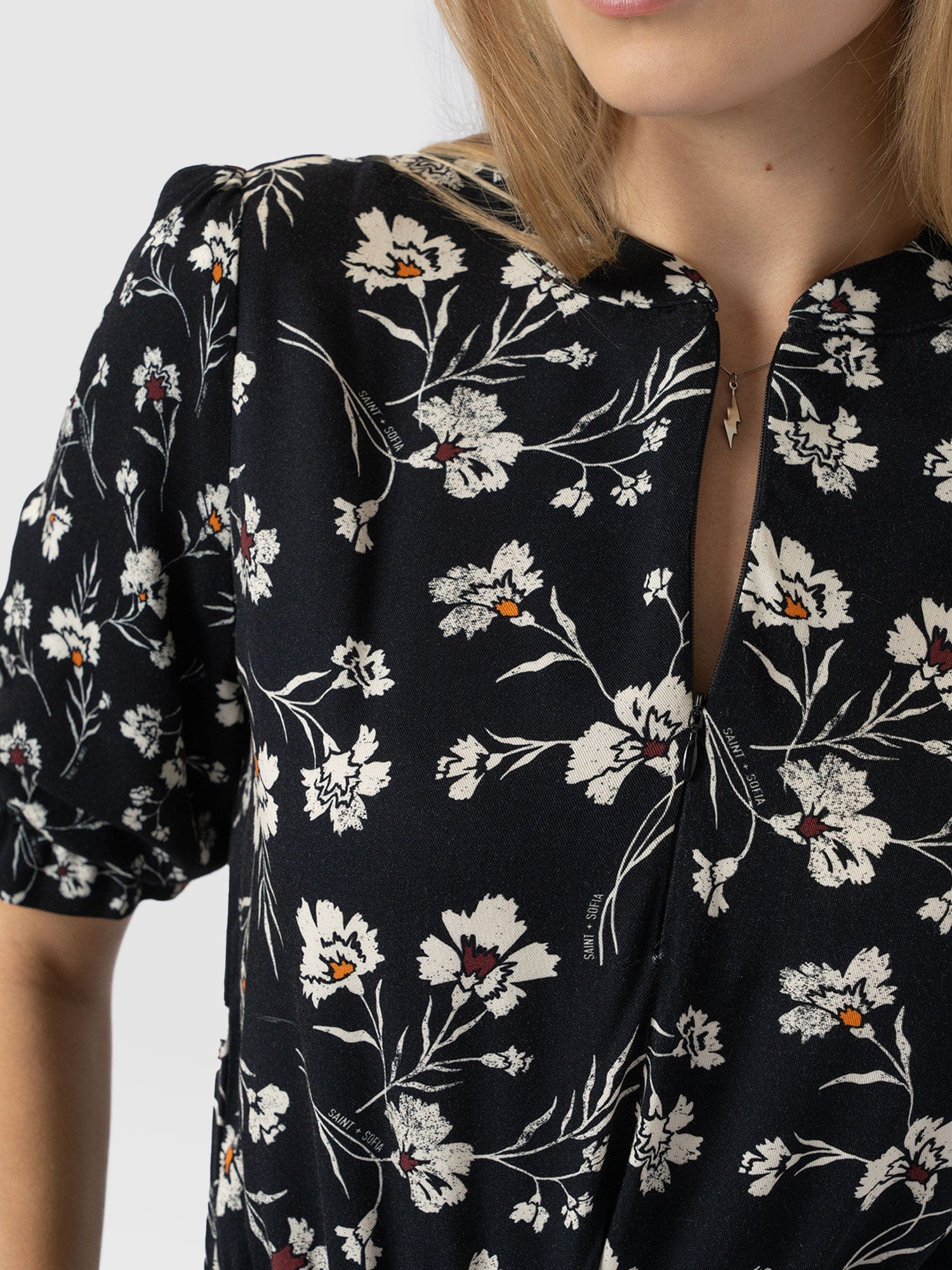 Olivia Zip Up Short Sleeve Dress Black Spring Floral