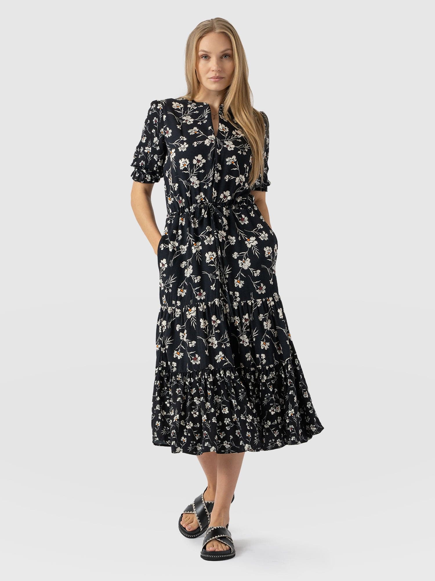 Olivia Zip Up Short Sleeve Dress Black Spring Floral