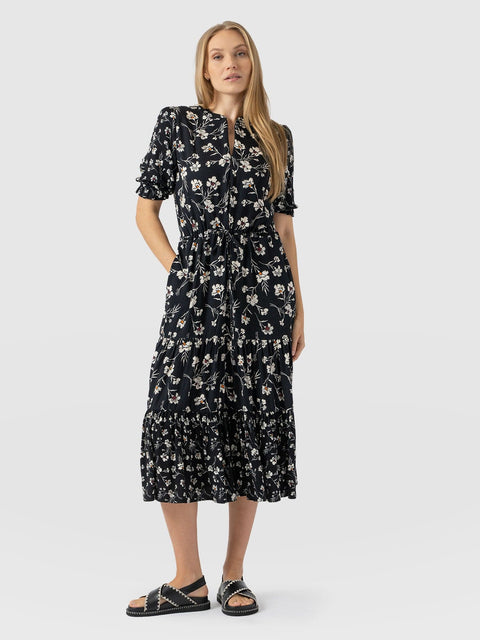 Olivia Zip Up Short Sleeve Dress - Black Spring Floral - Women's Dresss | Saint + Sofia® UK
