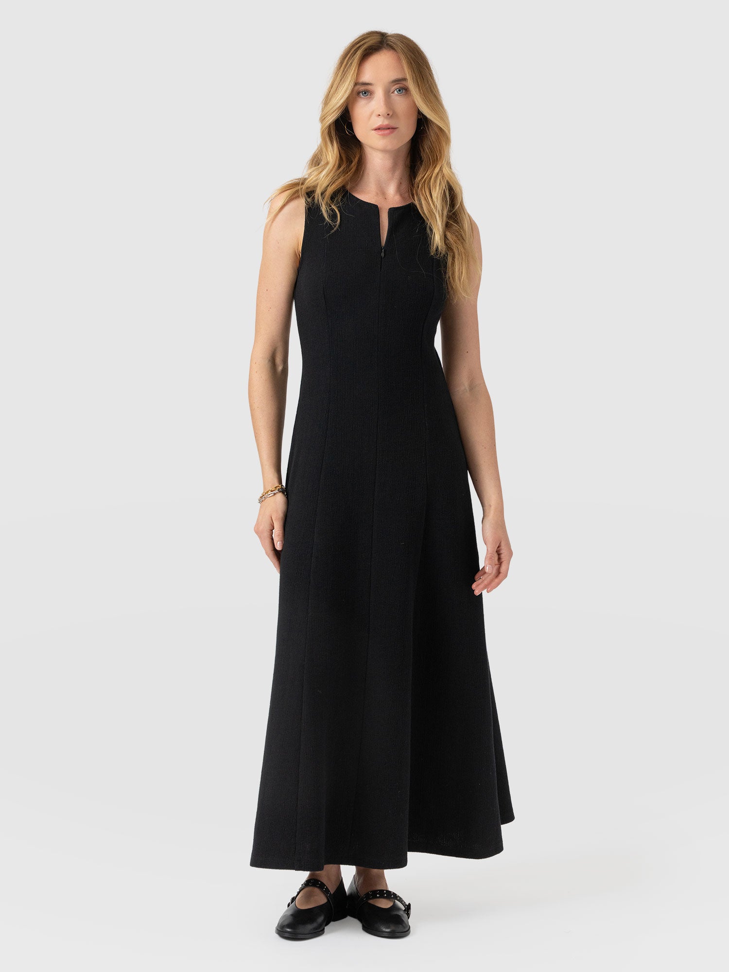 Orla Sleeveless Midi Dress - Black Textured - Women's Dresses | Saint and Sofia® UK