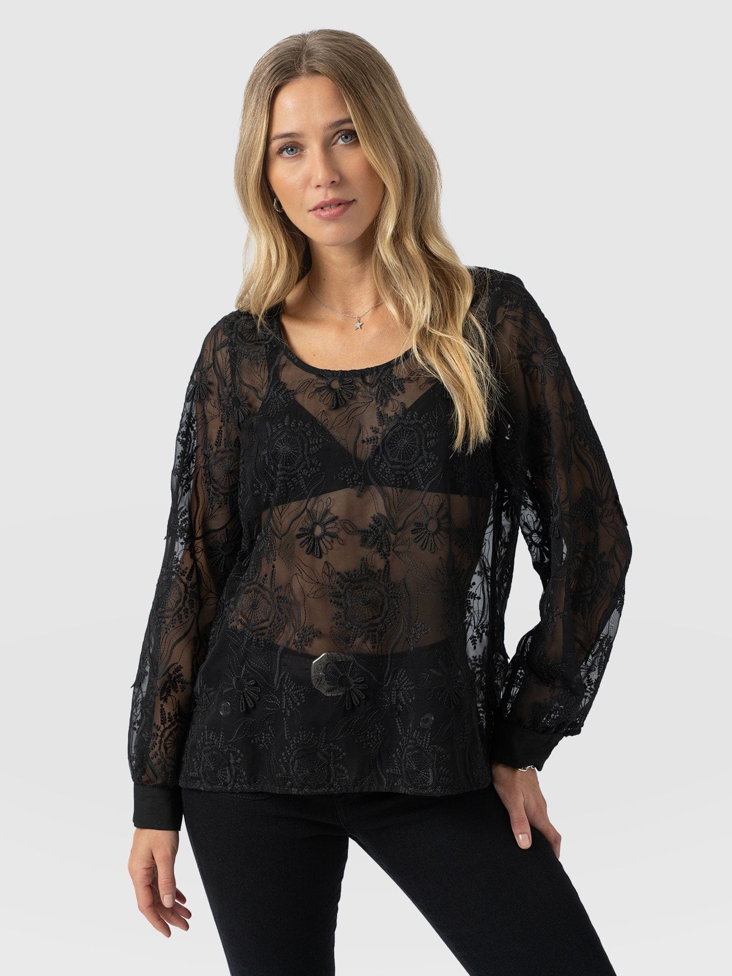 Ottilie Scoop Neck Blouse - Black Lace - Women's Blouses | Saint + Sofia® UK