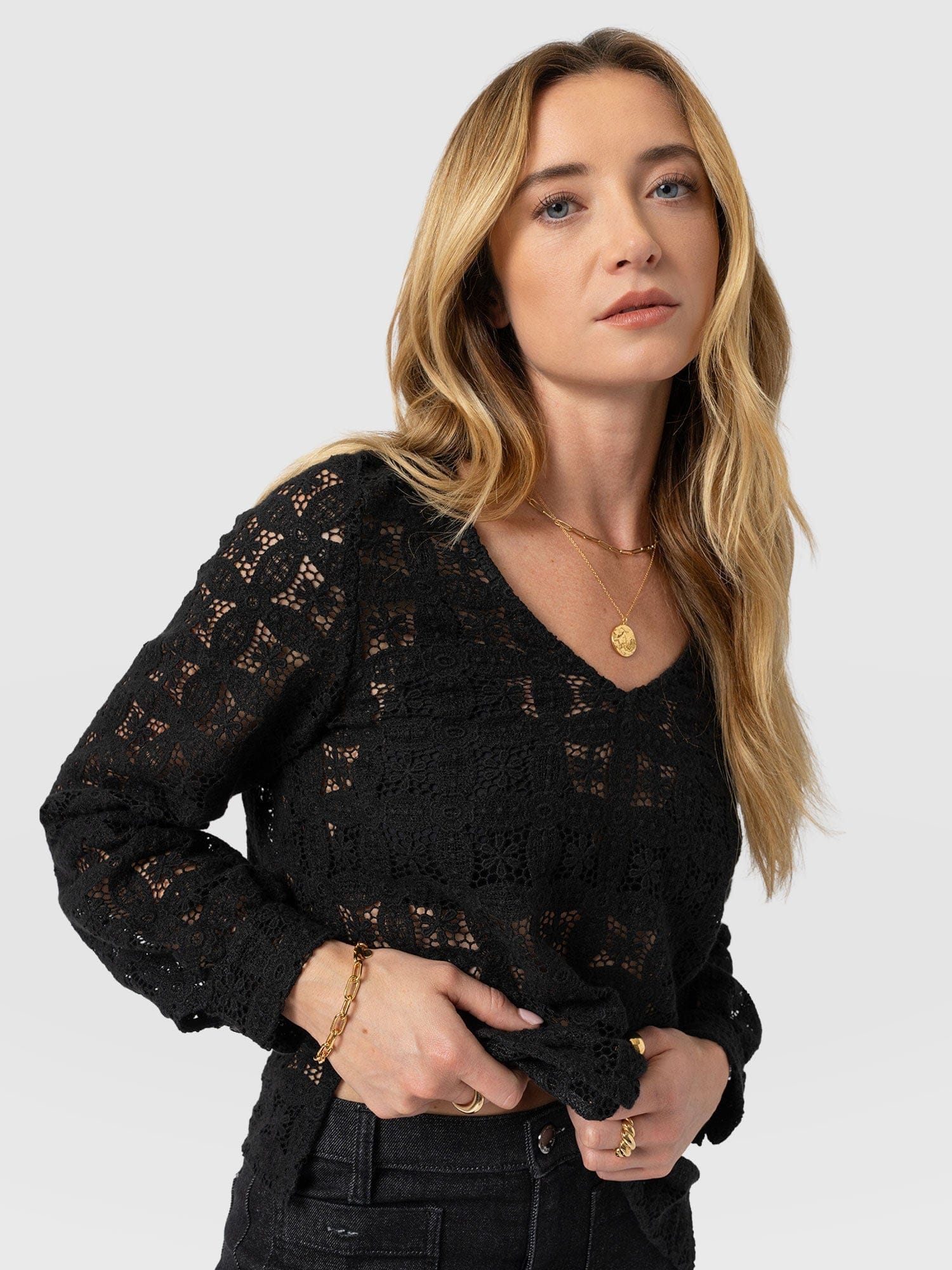 Ottilie V Neck Blouse - Black Broderie - Women's Blouses | Saint + Sofia® UK