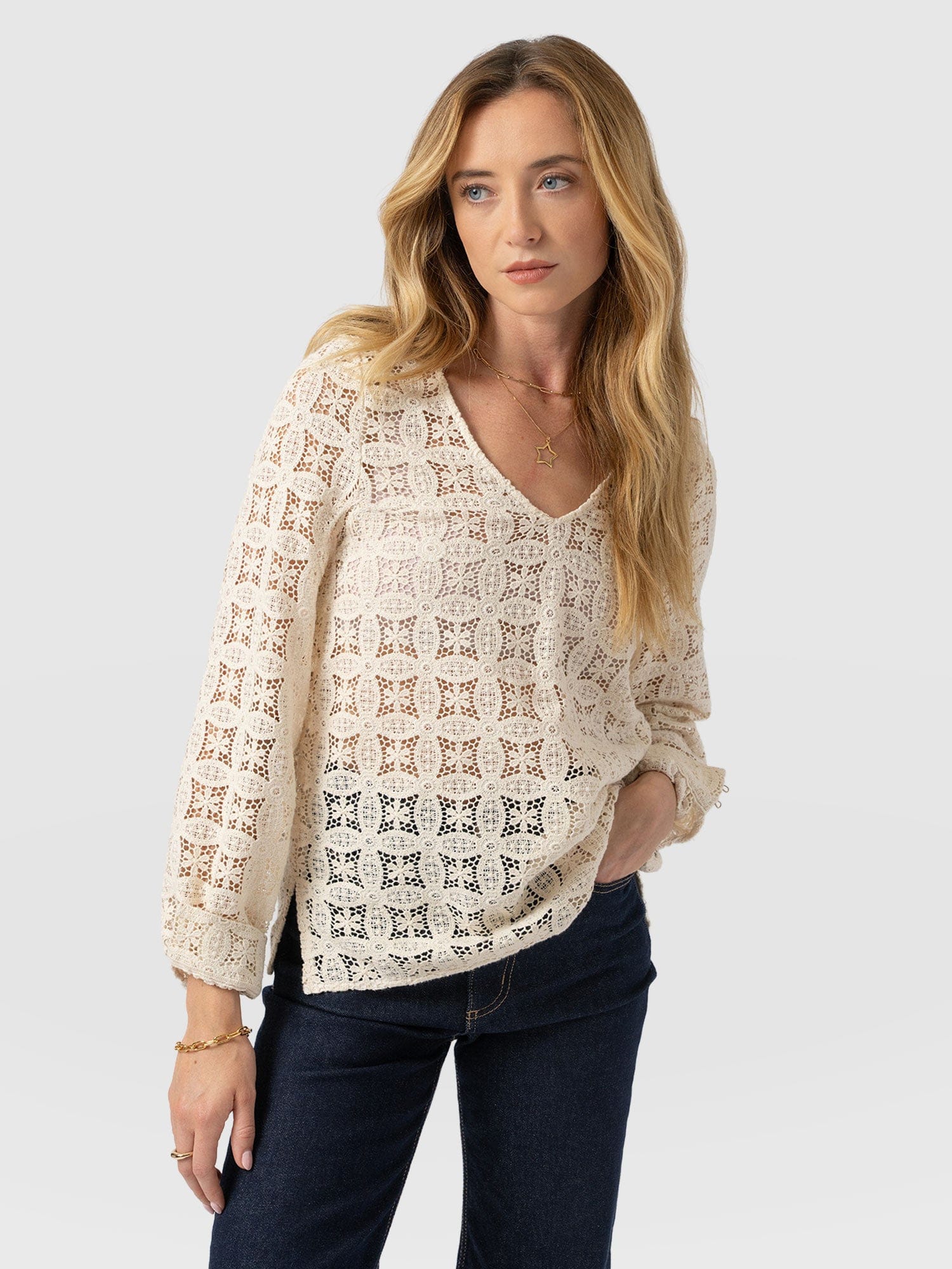 Ottilie V Neck Blouse - Cream Broderie