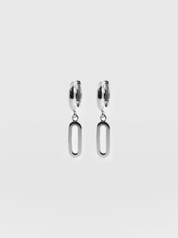 Oval Charm Drop Huggie Earrings - Silver