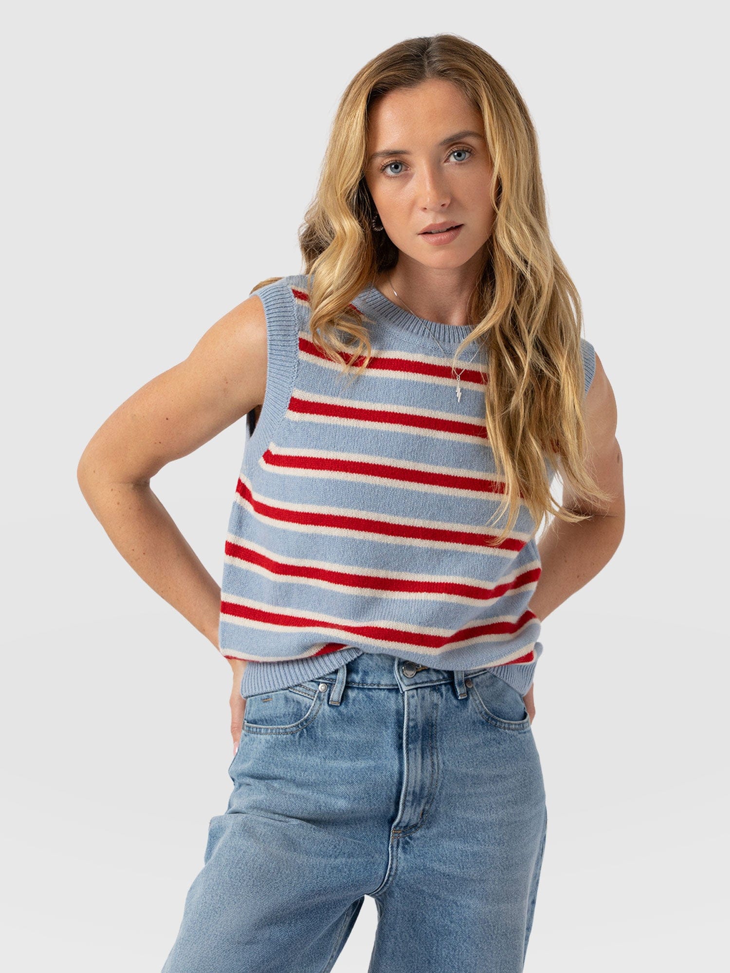 Oxford Cashmere Sleeveless Knit - Blue Stripe