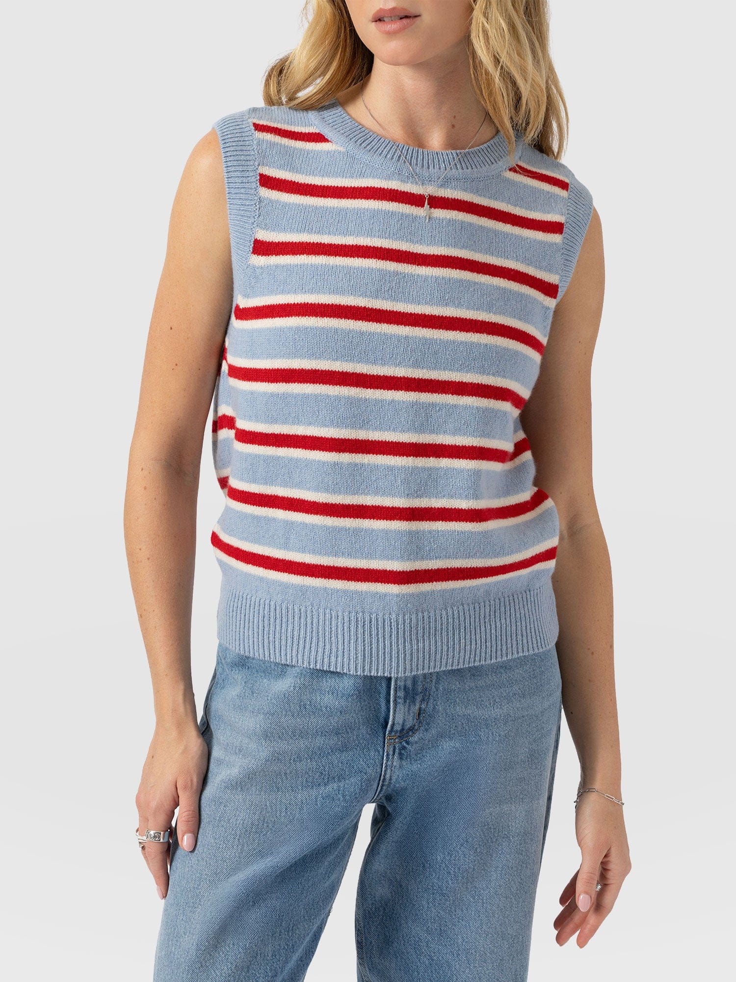 Oxford Cashmere Sleeveless Knit - Blue Stripe