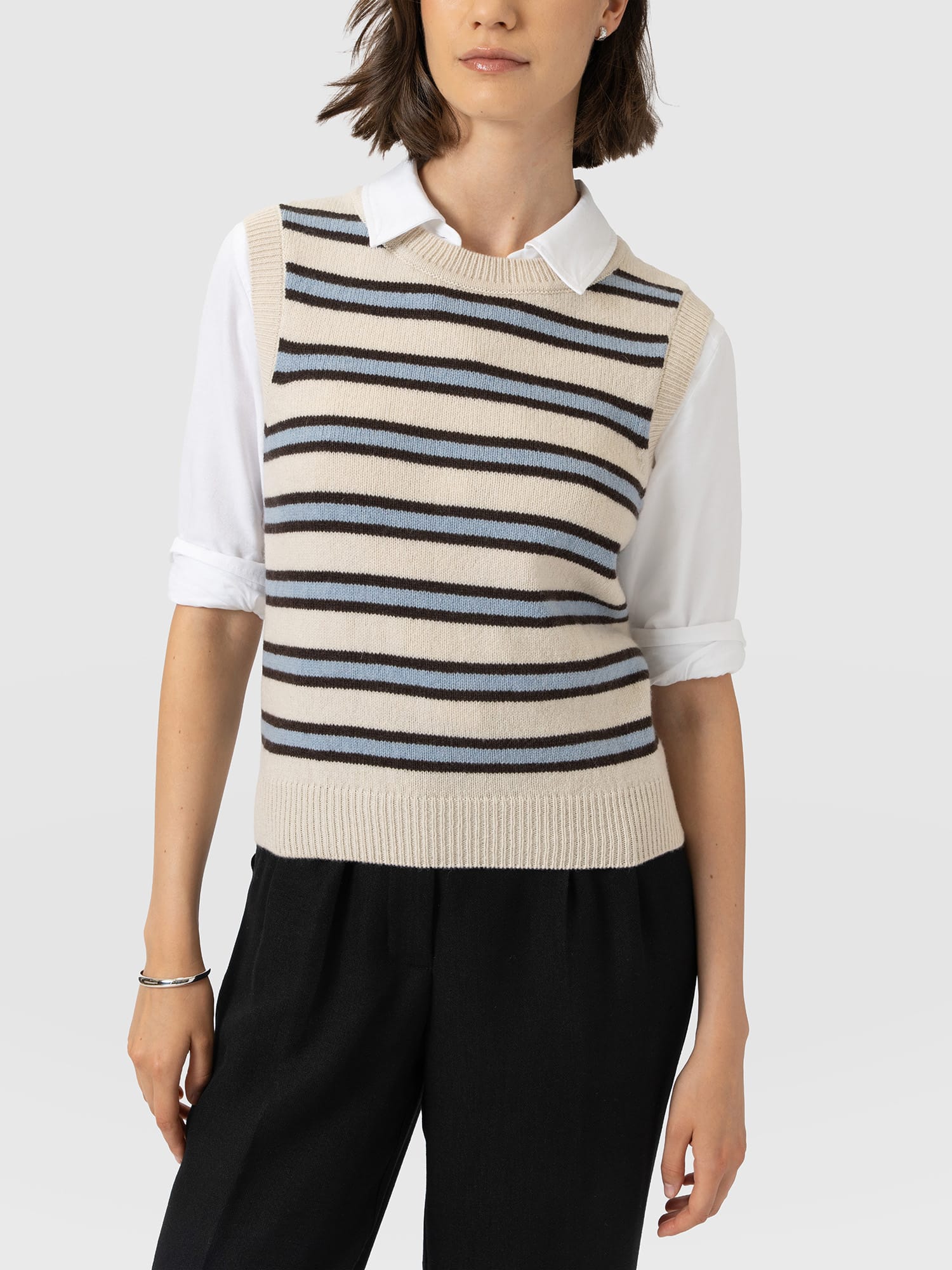 Oxford Cashmere Sleeveless Knit - Cream Stripe - Women's Jumpers | Saint and Sofia® UK