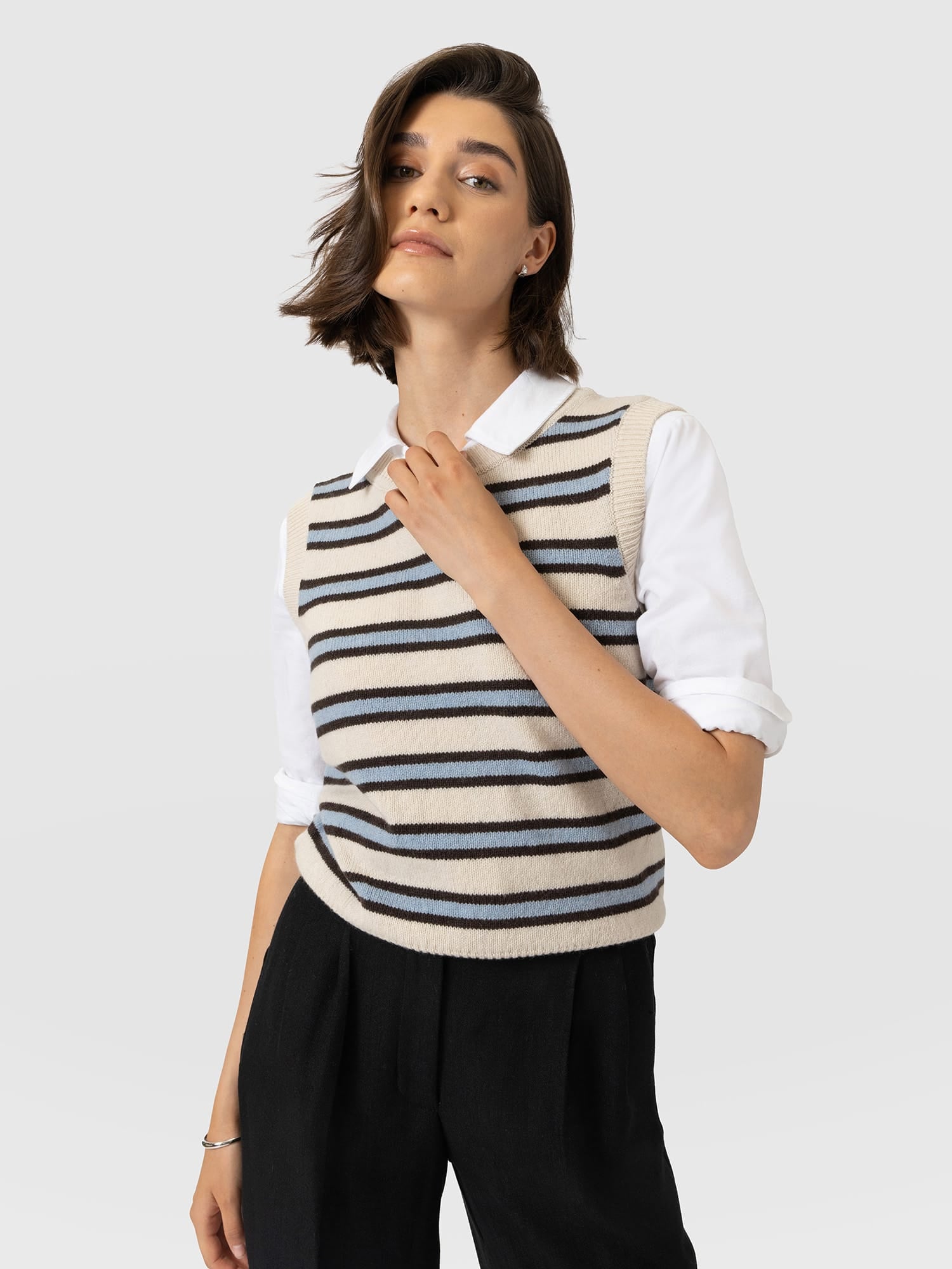 Oxford Cashmere Sleeveless Knit - Cream Stripe - Women's Jumpers | Saint and Sofia® UK