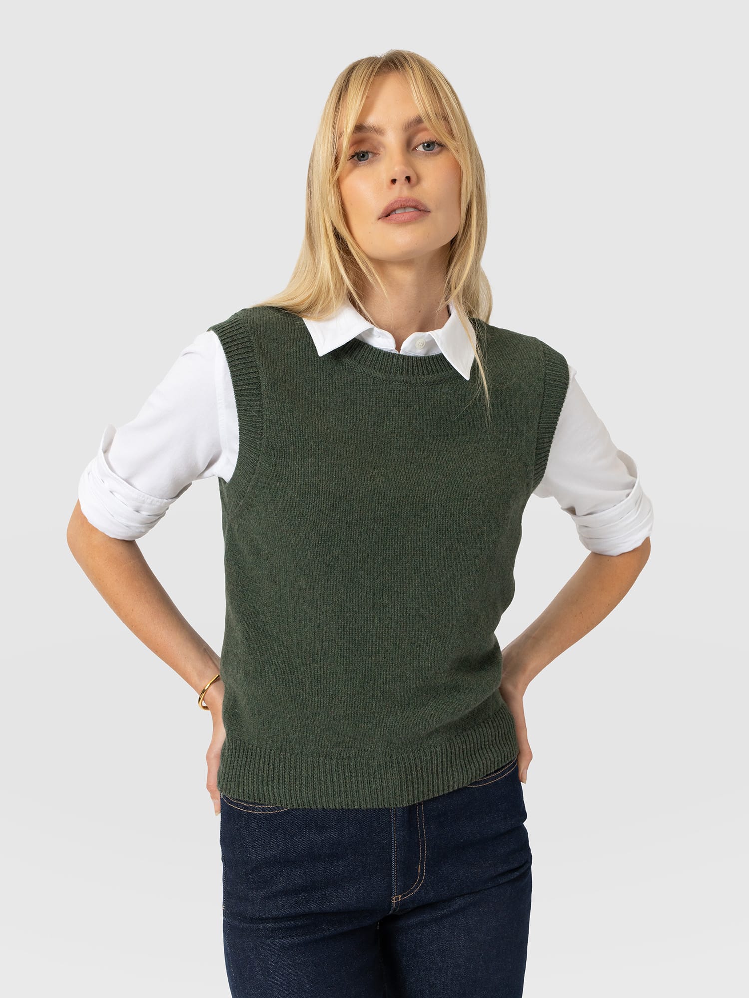 Oxford Cashmere Sleeveless Knit - Khaki - Women's Jumpers | Saint and Sofia® UK