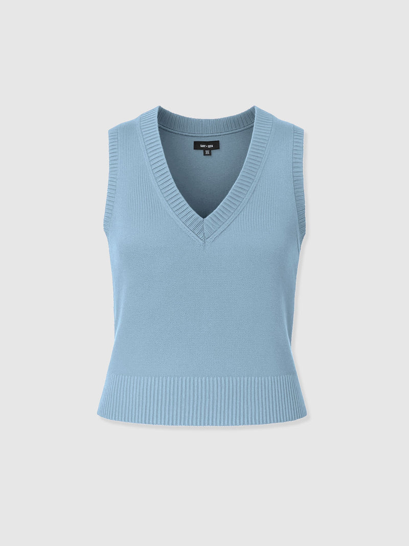Oxford Cashmere V Neck Sleeveless Knit - Blue
