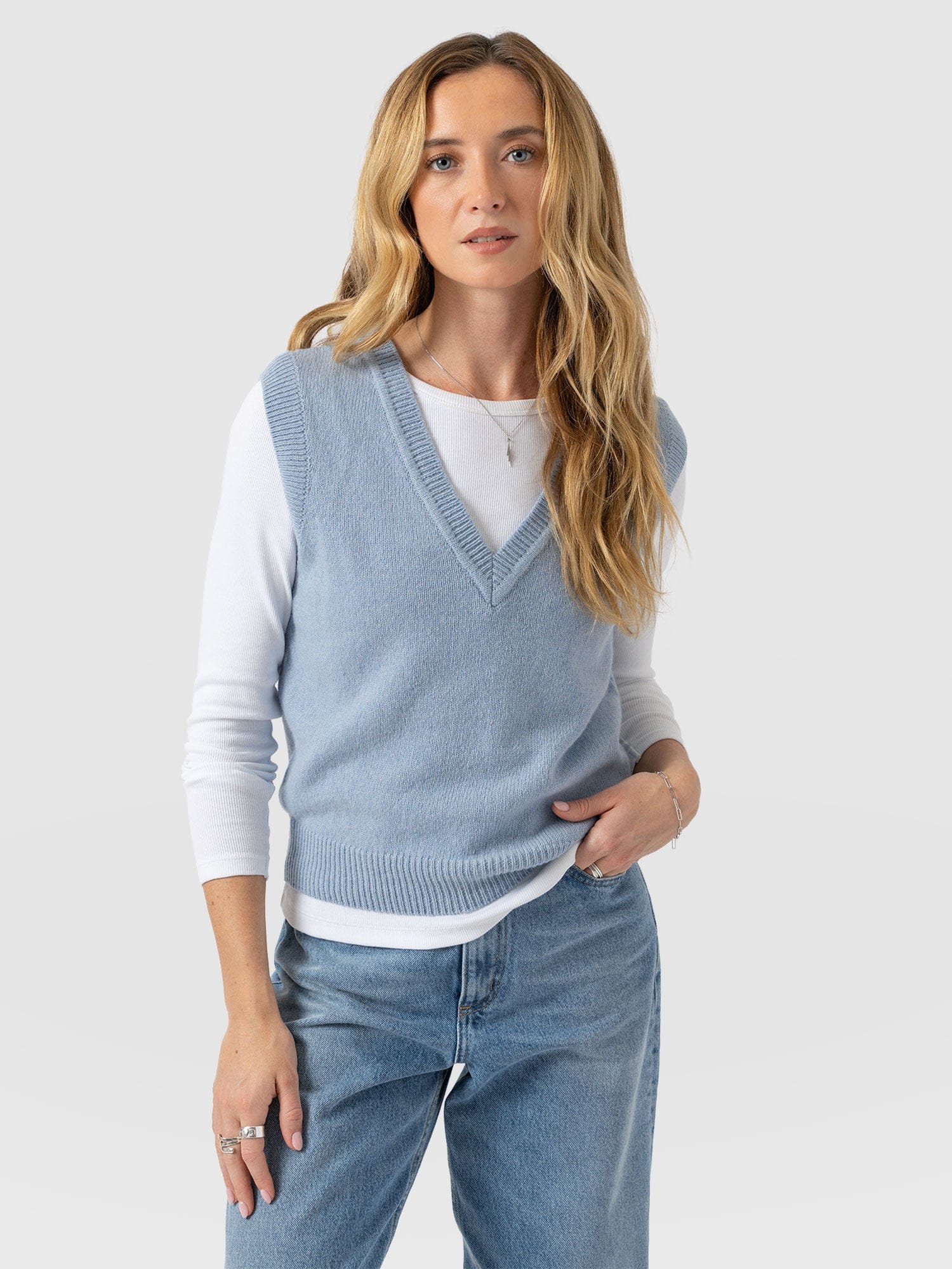 Oxford Cashmere V Neck Sleeveless Knit - Blue
