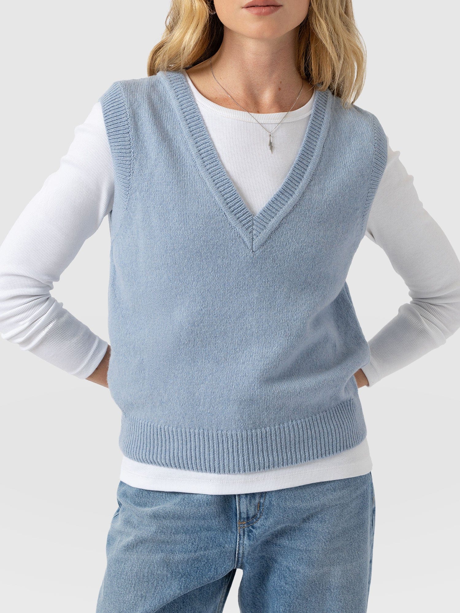 Oxford Cashmere V Neck Sleeveless Knit - Blue