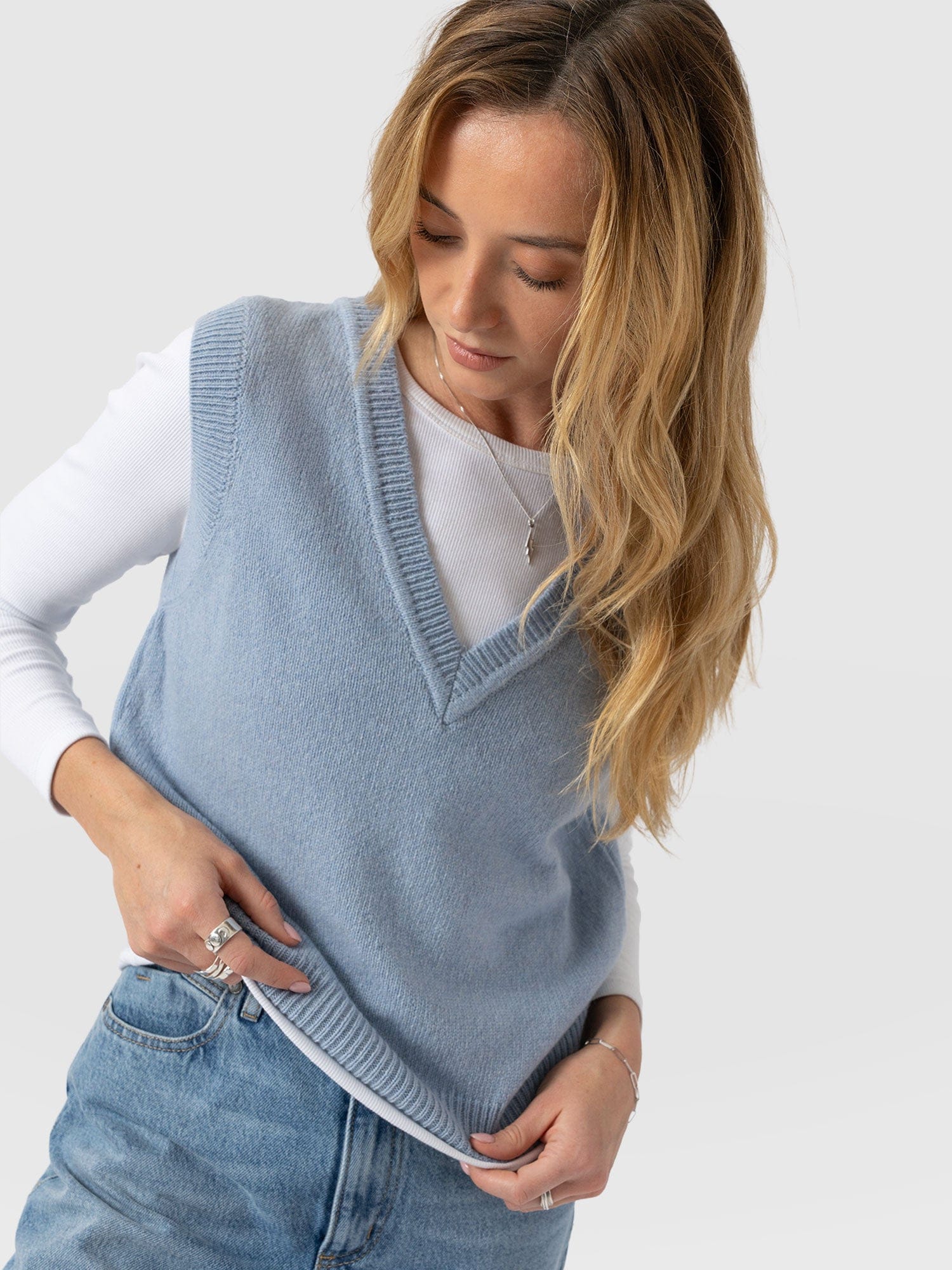 Oxford Cashmere V Neck Sleeveless Knit - Blue