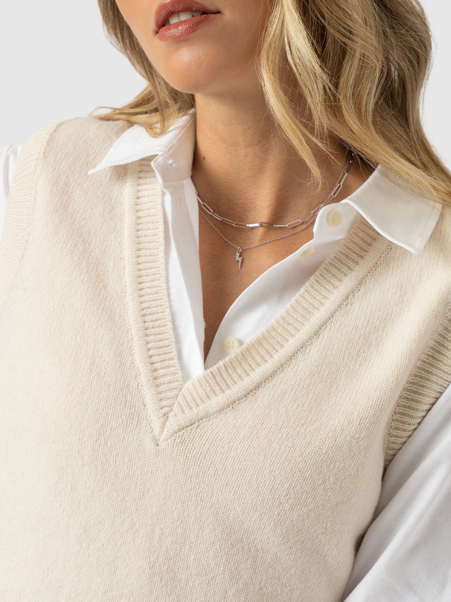 Oxford Cashmere V Neck Sleeveless Knit - Cream