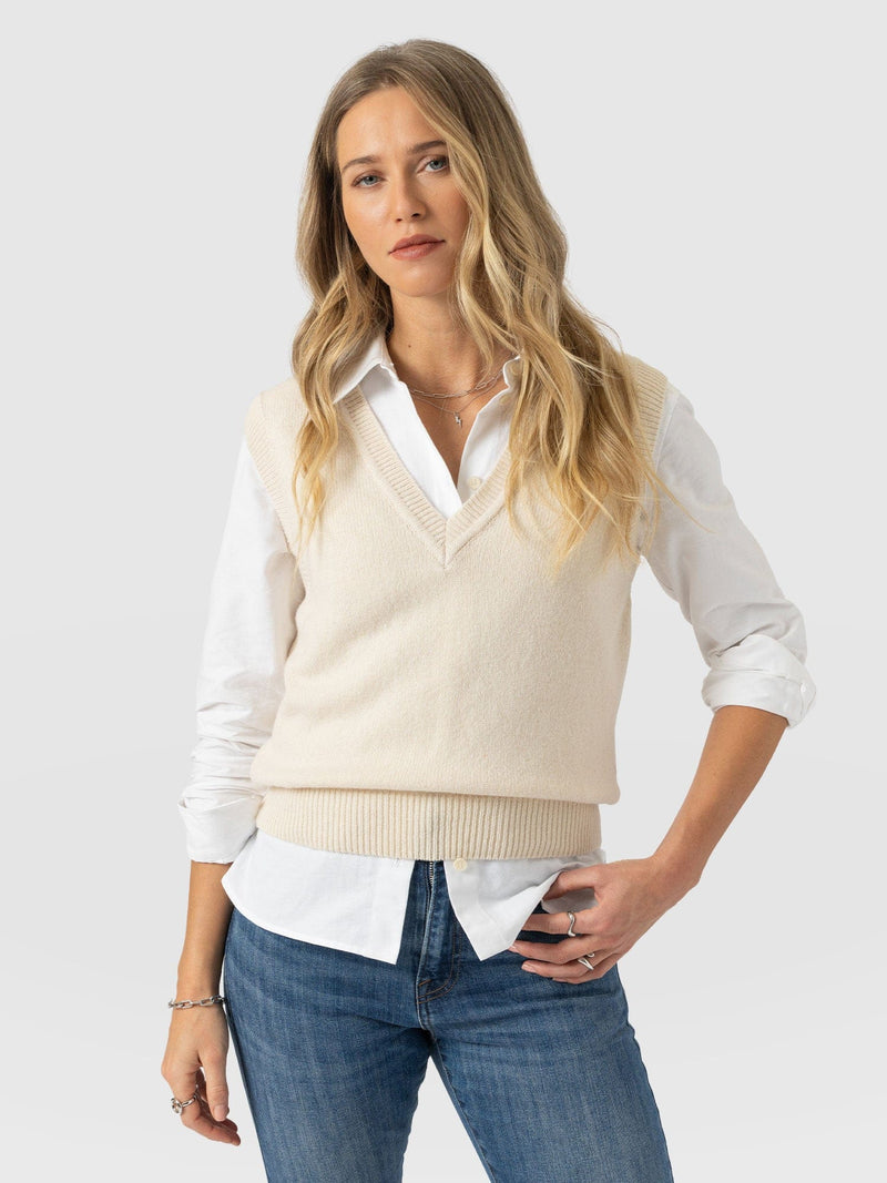 Oxford Cashmere V Neck Sleeveless Knit - Cream