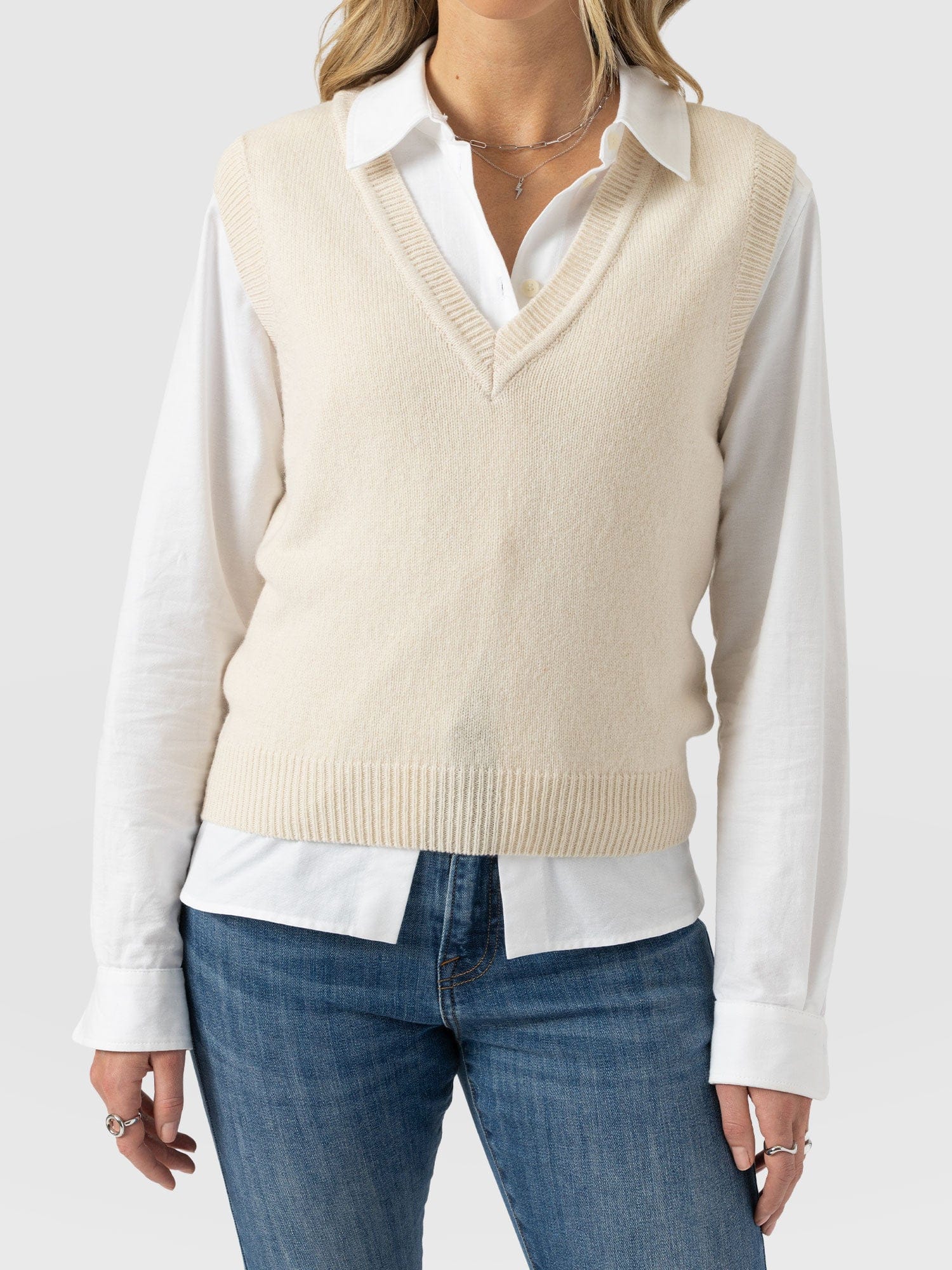 Oxford Cashmere V Neck Sleeveless Knit - Cream