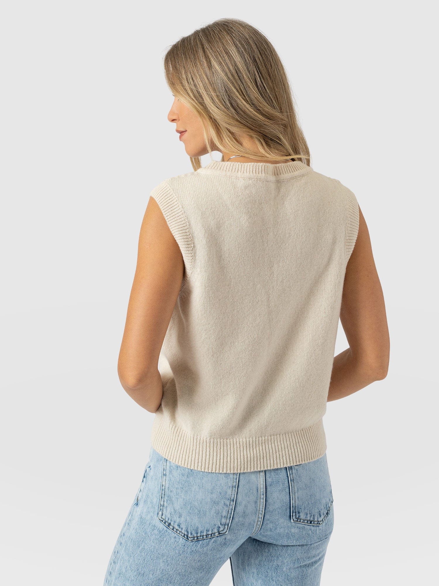 Oxford Cashmere V Neck Sleeveless Knit - Cream
