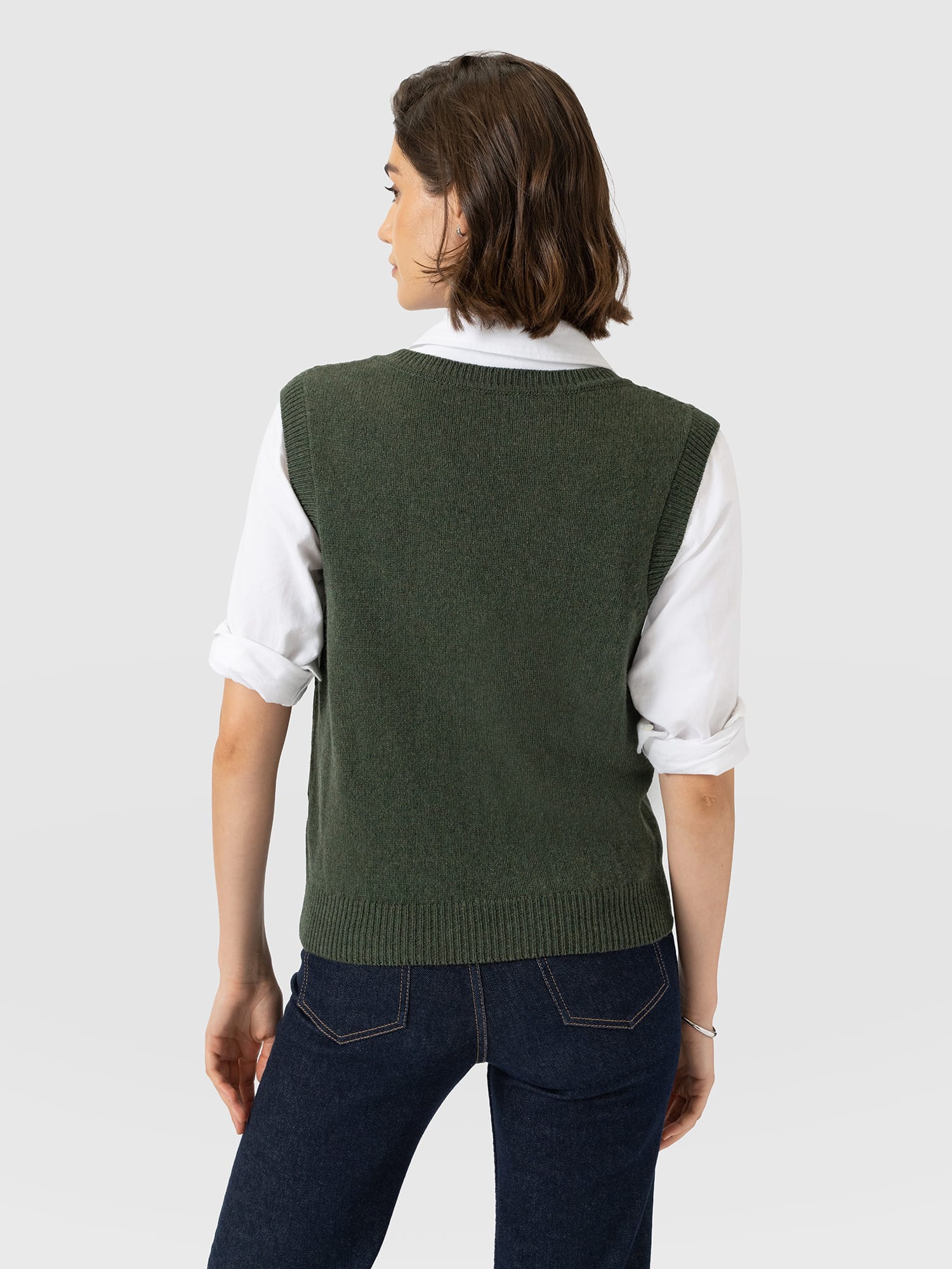 Oxford Cashmere V Neck Sleeveless Knit - Khaki - Women's Jumpers | Saint and Sofia® UK