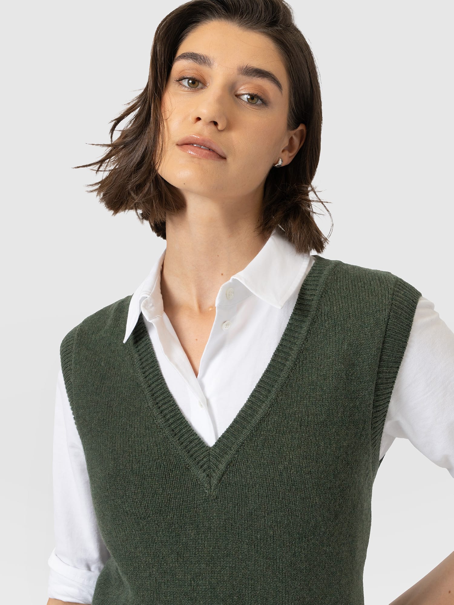 Oxford Cashmere V Neck Sleeveless Knit - Khaki - Women's Jumpers | Saint and Sofia® UK