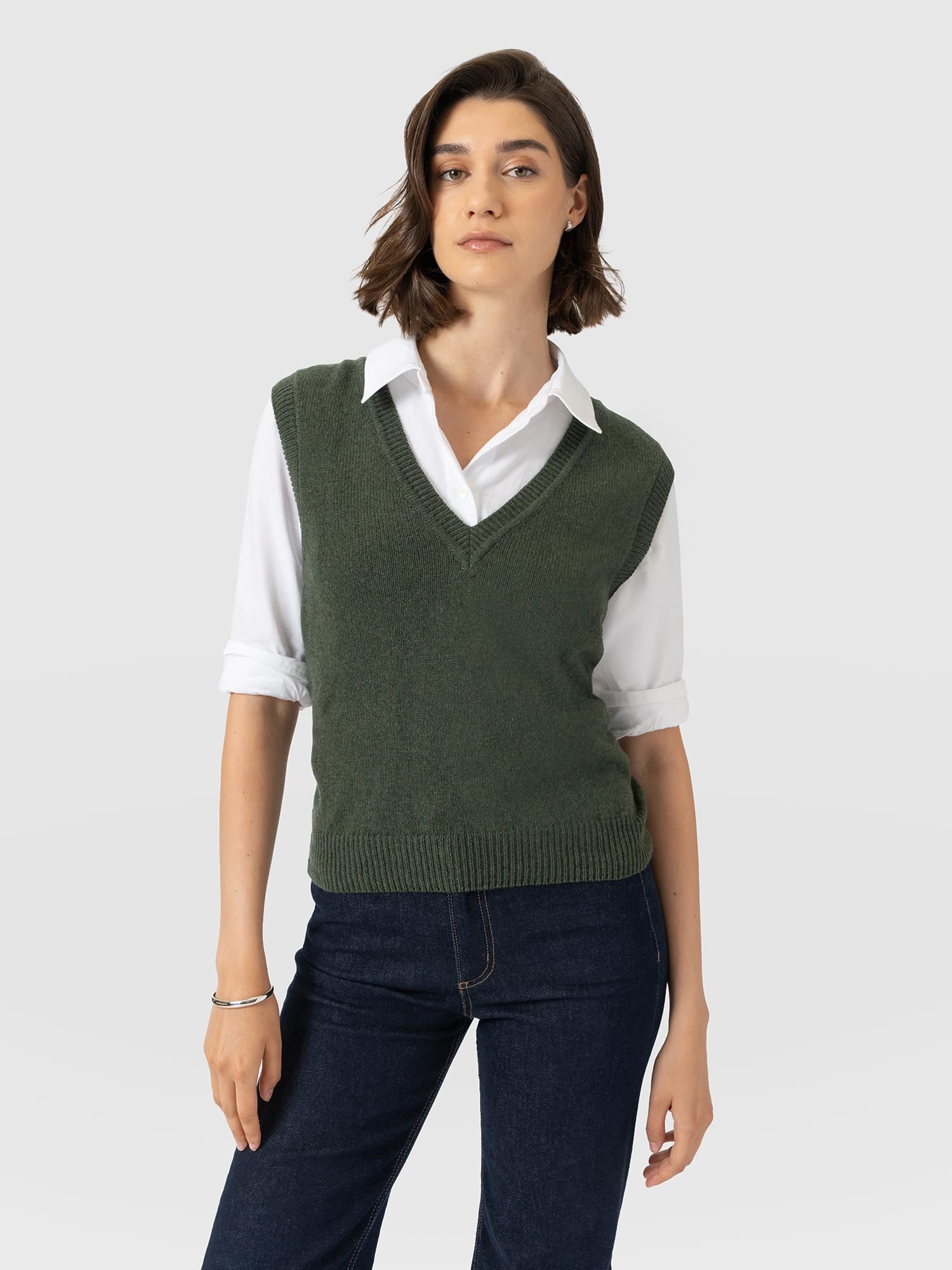 Oxford Cashmere V Neck Sleeveless Knit - Khaki - Women's Jumpers | Saint and Sofia® UK