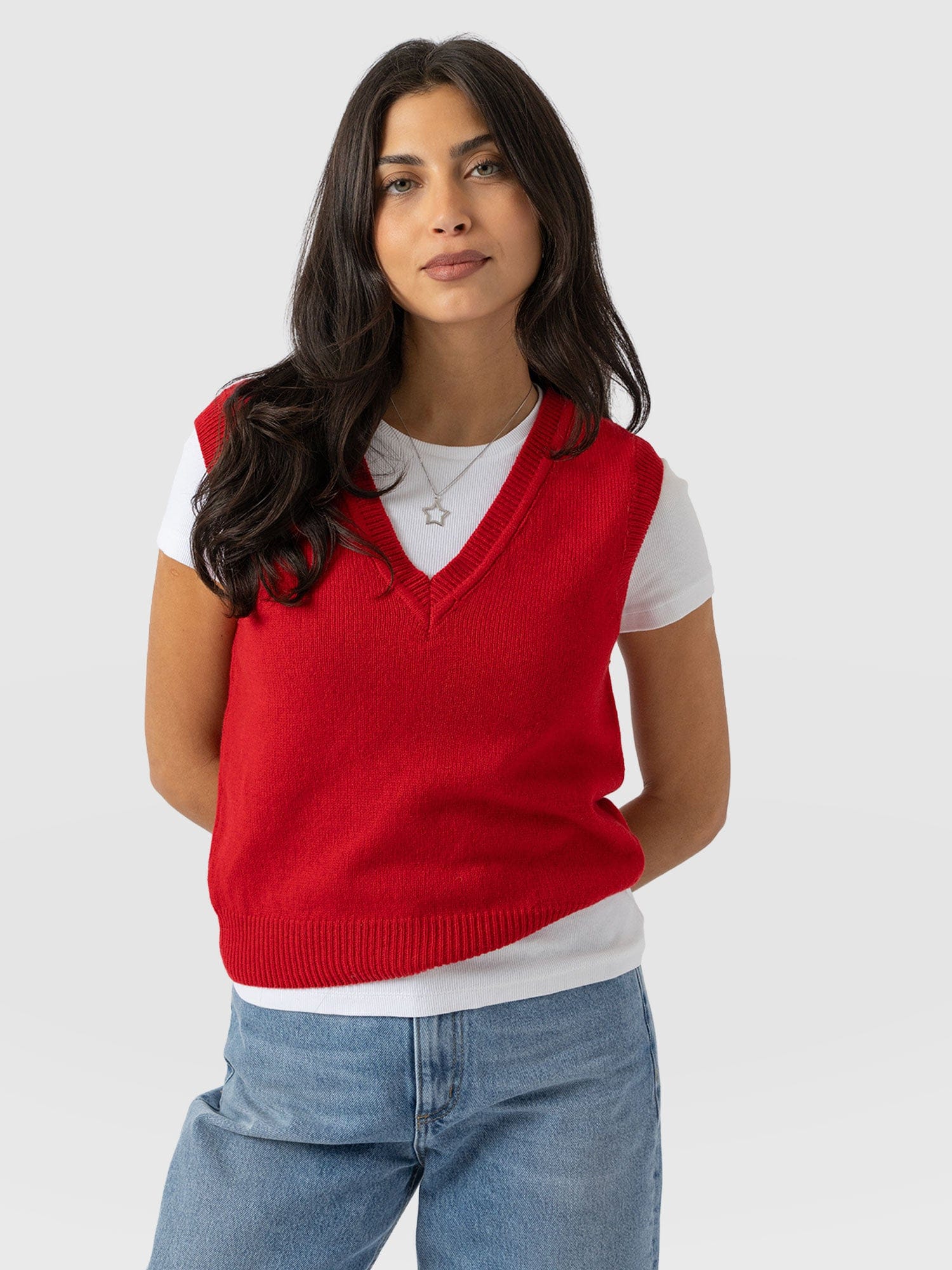 Oxford Cashmere V Neck Sleeveless Knit - Red