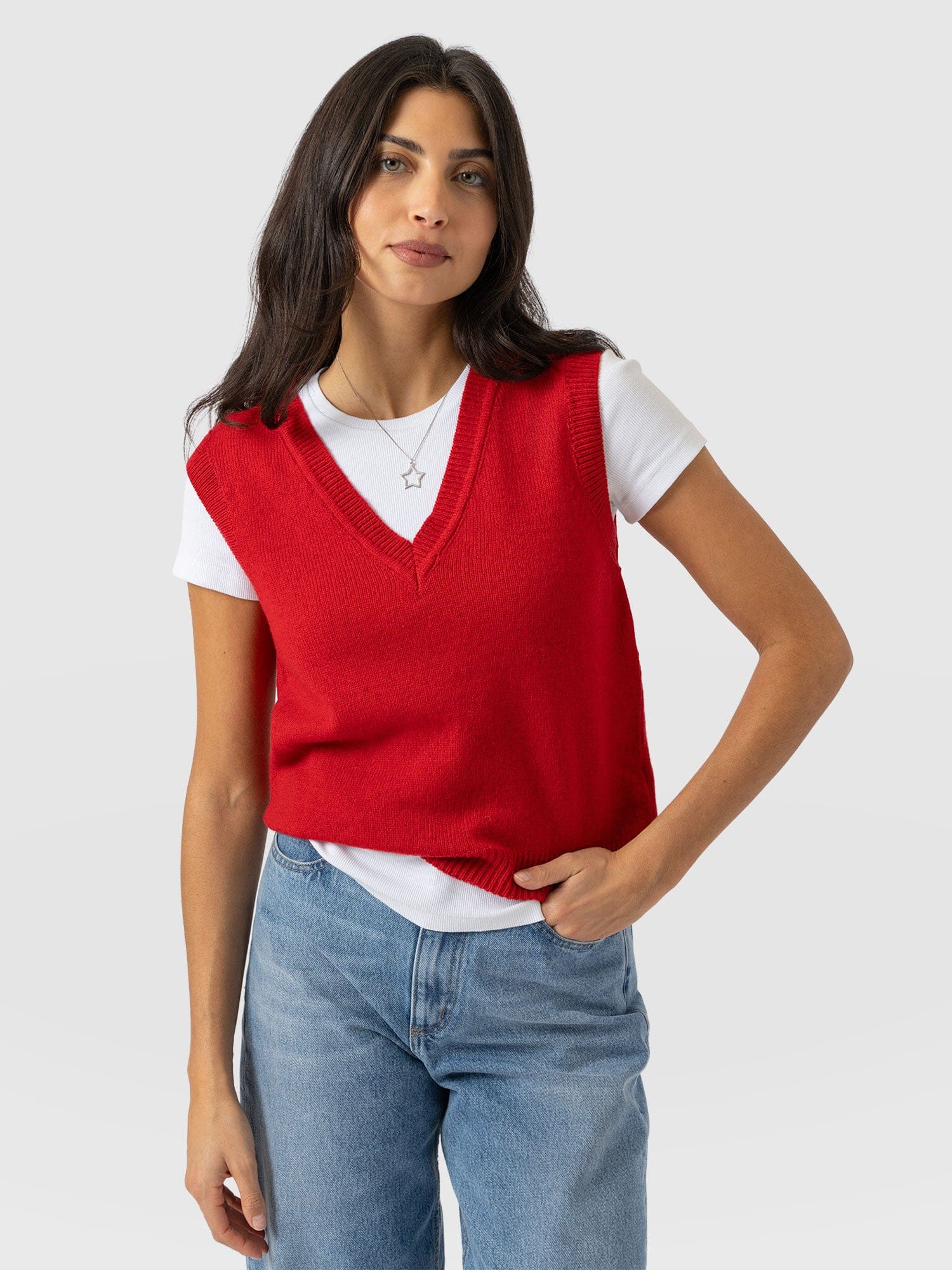Oxford Cashmere V Neck Sleeveless Knit - Red