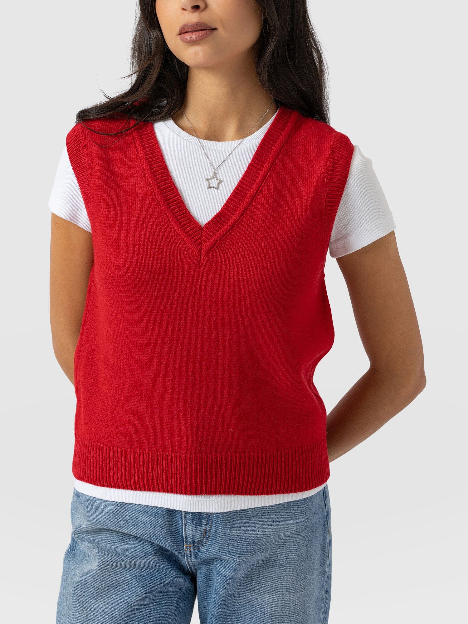 Oxford Cashmere V Neck Sleeveless Knit - Red