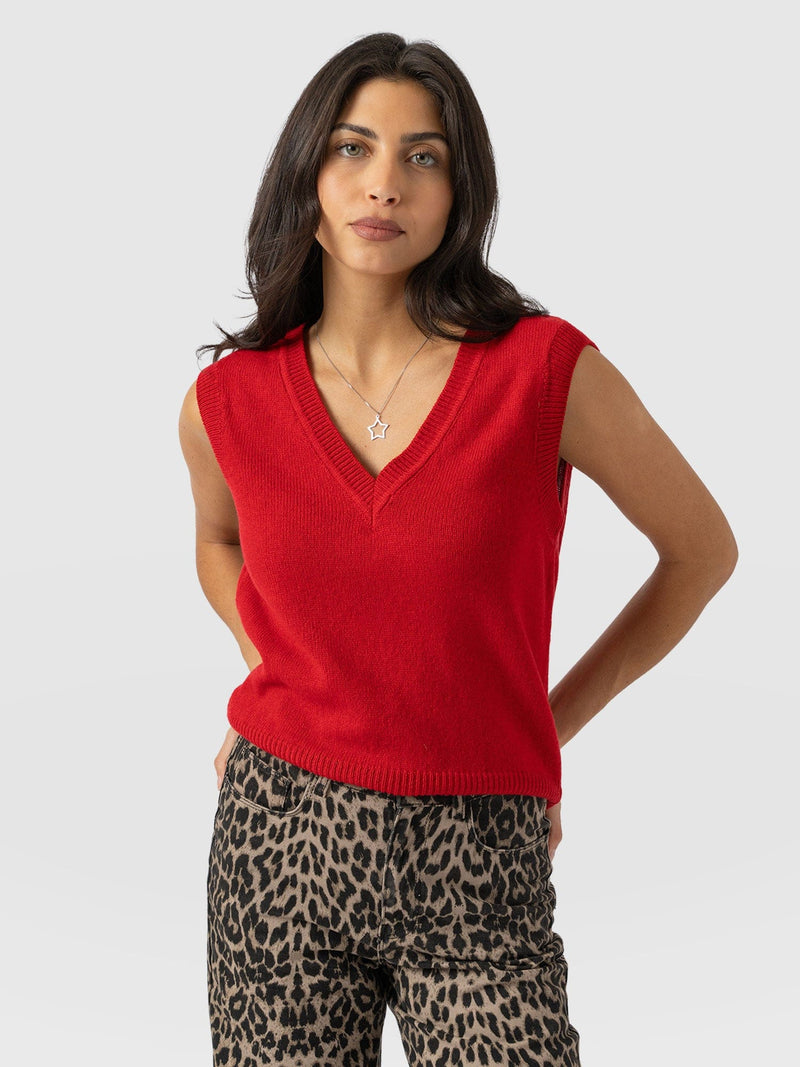 Oxford Cashmere V Neck Sleeveless Knit - Red - Women's Jumpers | Saint + Sofia® UK