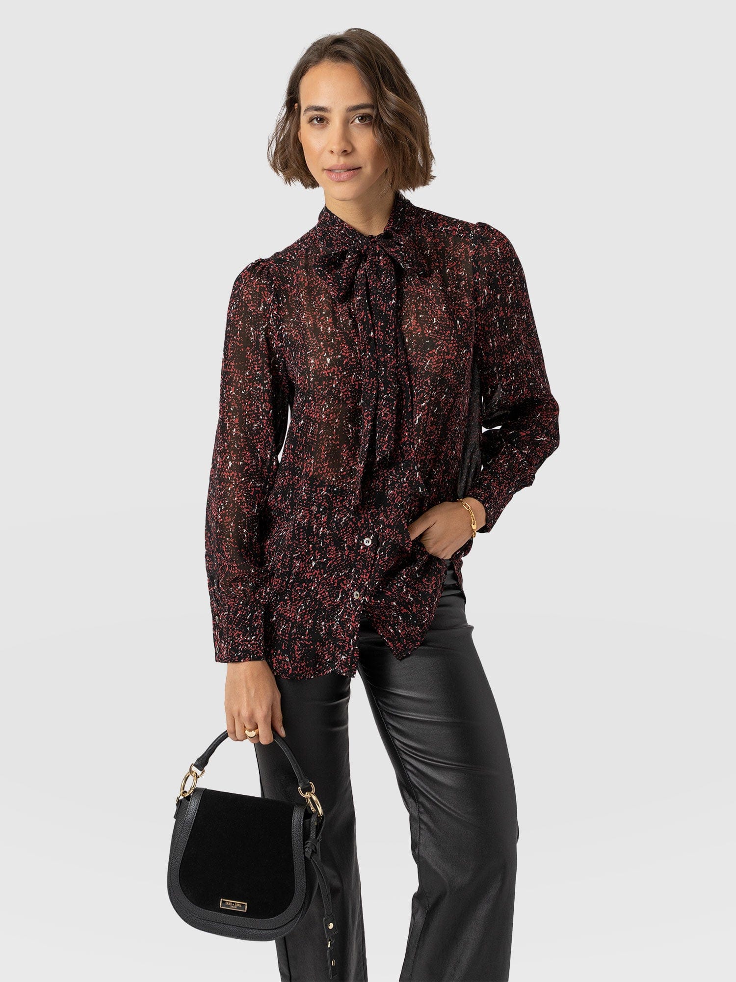 Paxton Pussybow Blouse - Red Ditsy Leopard