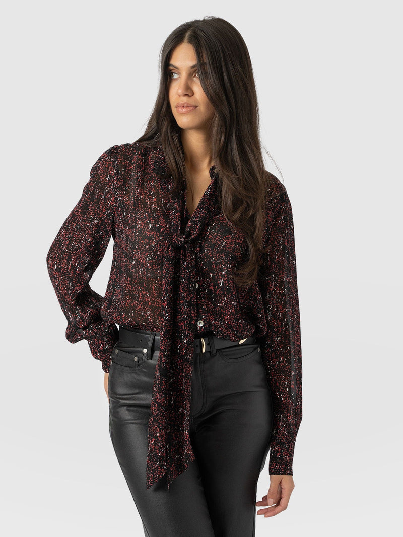 Paxton Pussybow Blouse - Red Ditsy Leopard