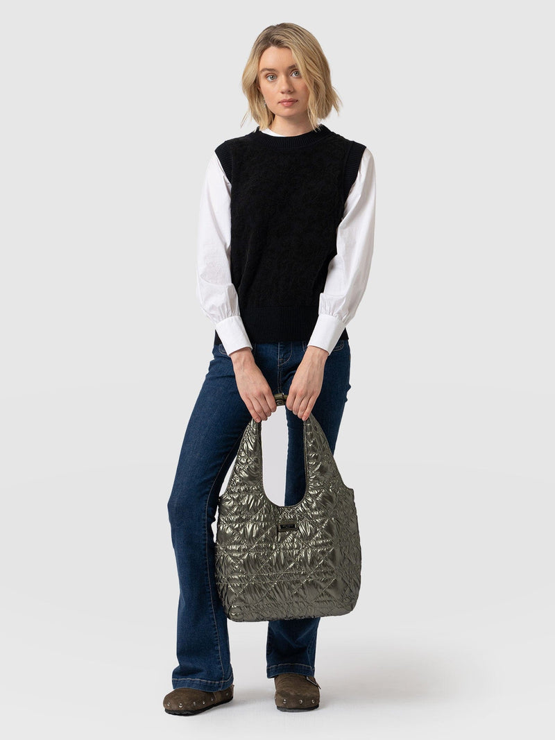 Quilted Stella Shoulder Tote Bag - Metallic Khaki