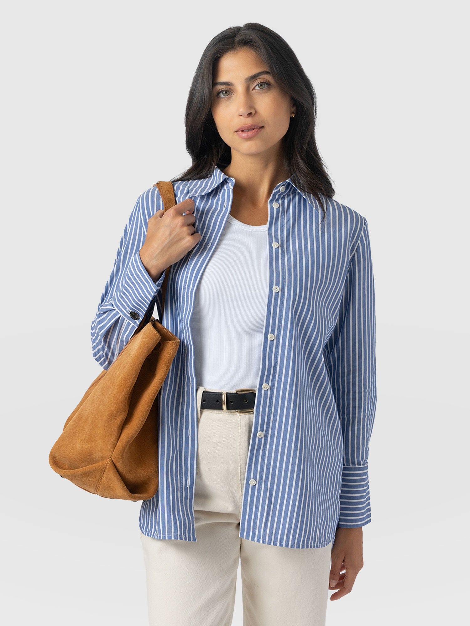 Reagan Tie Shirt - Blue Stripe - Women's Blouses | Saint + Sofia® UK