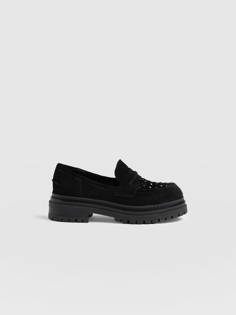 Raine Studded Loafer - Black Suede