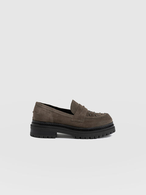 Raine Studded Loafer Taupe Suede- Women's Loafers | Saint + Sofia® UK