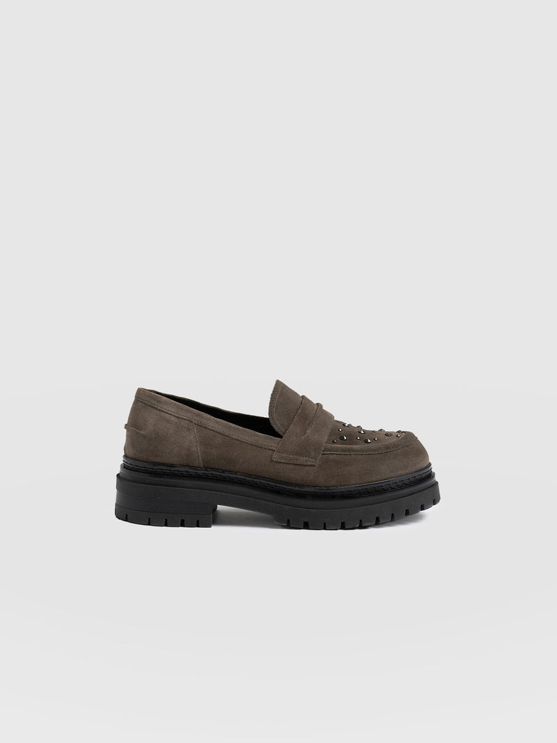 Raine Studded Loafer Taupe Suede- Women's Loafers | Saint + Sofia® UK